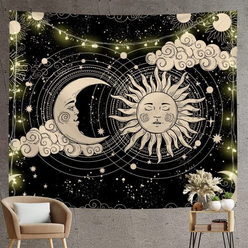 Arawat Wandteppich Sonne Mond Wandtuch Schwarz Gold Wandteppich Mond Sonne Wanddeko Psychedelic Teppich Gothic Wandteppiche Trippy Tapestry Wandtuch Wandbehang Boho Wand Deko (150 x 200cm) von Arawat