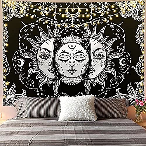Arawat Wandteppich Sonne Wandtuch Schwarz Weiß Wandteppich Mond Sonne Wanddeko Psychedelic Teppich Gothic Wandteppiche Trippy Tapestry Wandtuch Wandbehang Boho Wand Deko (150 x 130cm) von Arawat