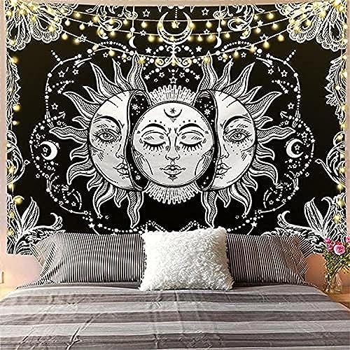 Arawat Wandteppich Sonne Wandtuch Schwarz Weiß Wandteppich Mond Sonne Wanddeko Psychedelic Teppich Gothic Wandteppiche Trippy Tapestry Wandtuch Wandbehang Boho Wand Deko (180 x 230cm) von Arawat