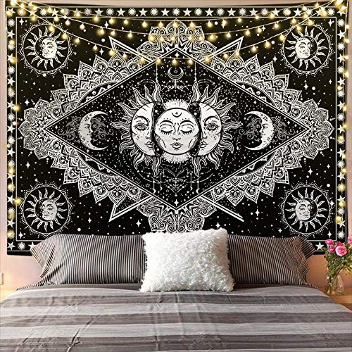 Arawat Wandteppich Sonne Wandtuch Schwarz Weiß Wandteppich Mond Sonne Wanddeko Psychedelic Teppich Wandteppiche Gothic Tapestry Trippy Wandtuch Wandbehang Boho Wand Deko (150 x 130cm) von Arawat