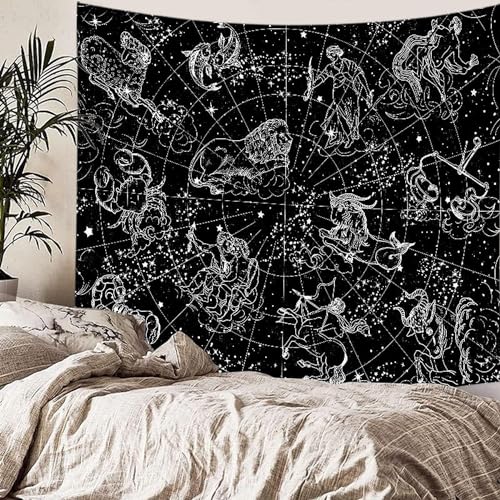 Arawat Wandteppich Sternbilder Wandtuch Schwarz Weiß Wandteppich Mond Sonne Wanddeko Psychedelic Teppich Gothic Wandteppiche Trippy Tapestry Wandbehang Wandtuch Boho Wand Deko (150 x 130cm) von Arawat