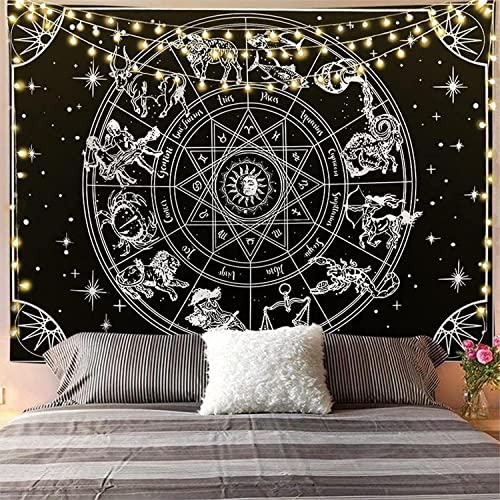 Arawat Wandteppich Sternbilder Wandtuch Schwarz Weiß Wandteppich Mond Sonne Wanddeko Psychedelic Teppich Gothic Wandteppiche Trippy Tapestry Wandtuch Wandbehang Boho Wand Deko (180x230cm) von Arawat