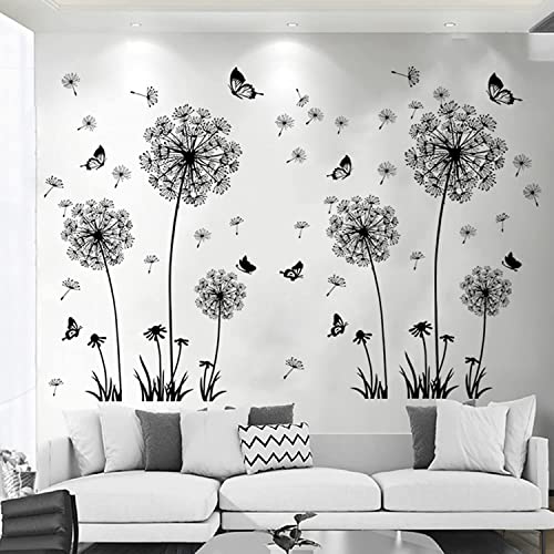 Arawat 2 St. Wandtattoo Pusteblume Wohnzimmer Wandtattoo Blumen Wandaufkleber Schlafzimmer Wandsticker Kinderzimmer Fenstertattoo zum Kleben Schwarz Wandbilder Pflanzen für Küche Bad Flur Fenster Tür von Arawat