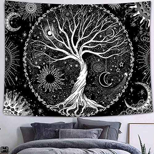 Arawat Wandteppich Baum des Lebens Wandtuch Lebensbaum Mond Sonne Wandteppich Schwarz Weiß Wanddeko Psychedelic Teppich Gothic Wandteppiche Trippy Tapestry Wandbehang Boho Wand Deko (150 x 130cm) von Arawat