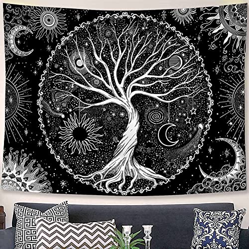 Arawat Wandteppich Baum des Lebens Wandtuch Lebensbaum Mond Sonne Wandteppich Schwarz Weiß Wanddeko Psychedelic Teppich Gothic Wandteppiche Trippy Tapestry Wandbehang Boho Wand Deko (150 x 200cm) von Arawat