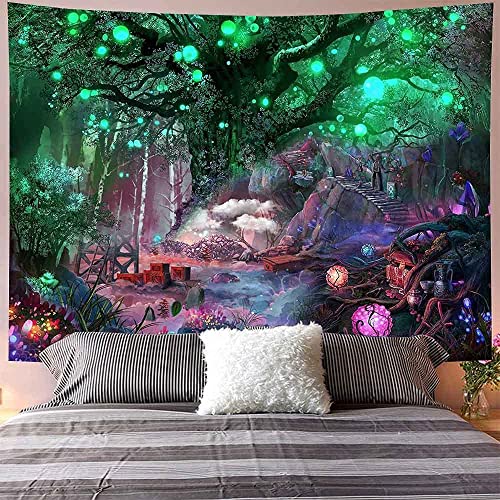 Arawat Wandteppich Baum des Lebens Wandtuch Lebensbaum Psychedelic Wandteppich Baum Mond Sonne Wanddeko Psychedelic Teppich Landschaft Wandteppiche Trippy Tapestry Wandbehang Wand Deko (150 x 130cm) von Arawat