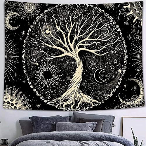 Arawat Wandteppich Baum des Lebens Wandtuch Lebensbaum Schwarz Weiß Wandteppich Mond Sonne Wanddeko Psychedelic Teppich Gothic Wandteppiche Trippy Tapestry Wandtuch Wandbehang Wand Deko (150 x 200cm) von Arawat