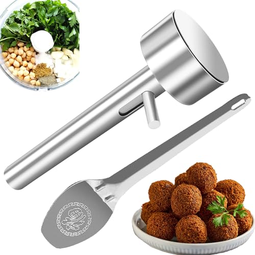 Arazooyi Falafel Schaufel mit Spatel – Edelstahl Professionelle Falafel Maker Schaufel | Edelstahl Falafel Maker Werkzeug lebensmittelecht und antihaftbeschichtet Falafel Baller Schaufel Form von Arazooyi