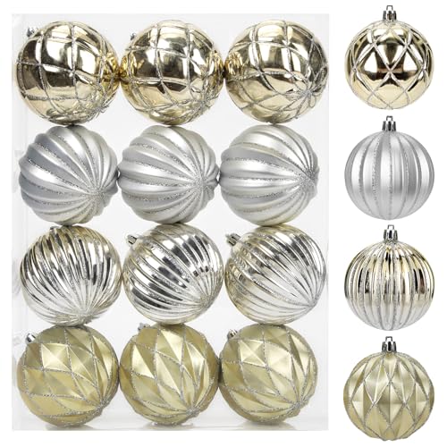 Arborus 12 Stück Weihnachtskugel 8 cm Weihnachtsbaumkugeln Set Kunststoff Christbaumkugeln Geriffelt Dekokugeln Champagner Christbaumschmuck Weihnachtsbaumschmuck Türkranz Deko Weihnachtsdeko von Arborus