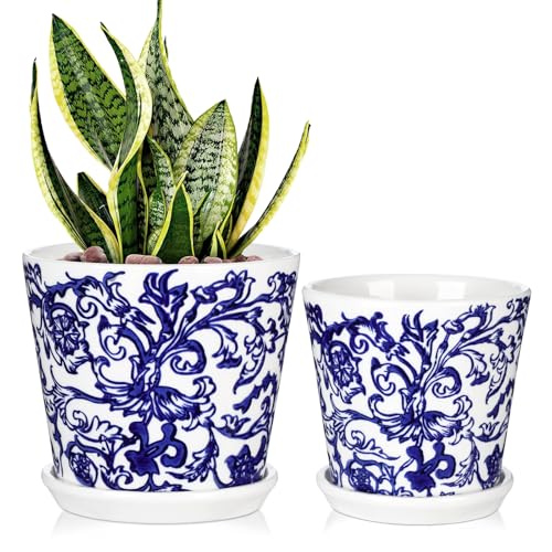 Arborus 2er-Set Blumentopf Keramik Blau und Weiß 12+10 cm Porzellan Übertopf mit Untersetzer Pflanztopf Pflanzgefäße Pflanzenkübel Blumenkübel für Zimmerpflanzen Blumen Lavendel Monstera Tomaten von Arborus