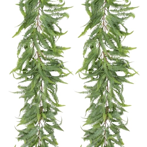 Arborus 2er-Set Farn Künstlich 152 cm Ranke Künstlich Kunstpflanzen Girlande Kunstblätter Girlande Grün Künstliche Farnranken Pflanzen Fake Farn Girlanden Deko auf Tisch Regal Kamin Kranz zum Basteln von Arborus