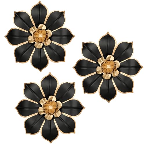 Arborus 3 Stück Metall Wandskulpturen Wanddeko 25 CM Schwarz Blumen Metallbilder Runde Wandteller Wandornament Metall Deko Wand Modern Deko Esszimmer Wohnzimmer Schlafzimmer Flur Küche Dekoration von Arborus