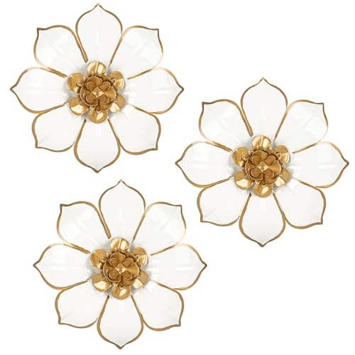 Arborus 3 Stück Wandskulpturen Metall Wanddeko Runde Wandskulpturen Weiß Magnolienblumen Metallbilder Wanddeko Set Wandornament Boho Modern Deko für Schlafzimmer Wohnzimmer Badezimmer Flur von Arborus