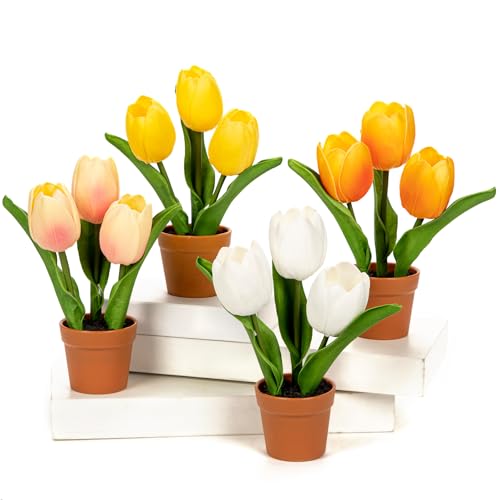 Arborus 4 STK Künstliche Tulpen im Topf 21 cm Kunst Tulpen Deko Künstliche Frühlingsblumen im Braun Topf Klein Kunstblumen Tisch Fensterbank Schreibtisch Zimmer Büro Deko von Arborus
