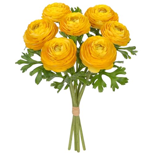 Arborus 4 STK Ranunkeln Künstlich wie Echt 34 cm Kunstzweige mit 7 Blüten Köpfe Künstliche Blumensträuße Gelb Kunstblumen für Vase Tisch Regal Fensterbank Deko im Wohnzimmer Badezimmer Schlafzimmer von Arborus