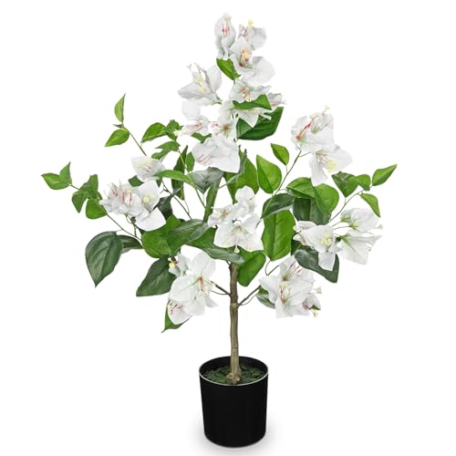 Arborus 65 cm Kunstblumen Frühling Deko Künstlicher Drillingsblume im Topf Künstliche Bougainvillea Weiß Dekoblumen Künstliche Frühlingblumen für Tisch Deko im Wohnzimmer Schlafzimmer von Arborus