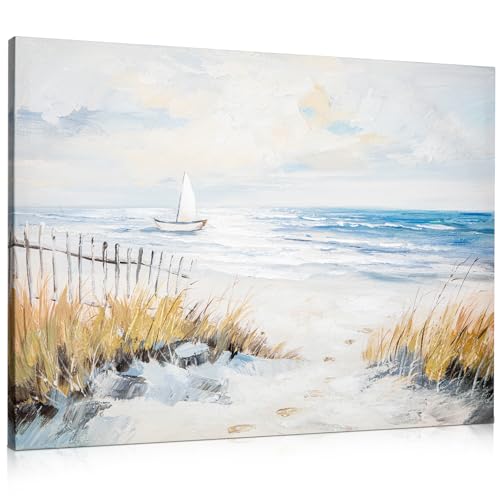 Arborus Gemälde Leinwand 60 x 80 cm Ölgemälde Strand Meer Wandkunst Handgefertigter Wandbild Segelboot Gemälde auf Leinwand Strand auf Leinwand Wanddeko Wohnzimmer Schlafzimemr Modern Deko Bild von Arborus