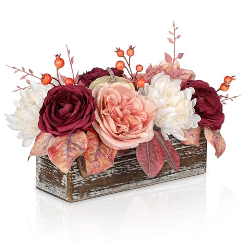 Arborus Herbst Kunstblumen im Topf Künstliche Rosen Tisch Deko Herbstlich Blumenarrangement Chrysantheme Künstlich Kunstpflanzen in Holzkiste Herbst Deko Wohnzimmer Schlafzimmer Küche Badezimmer Hotel von Arborus