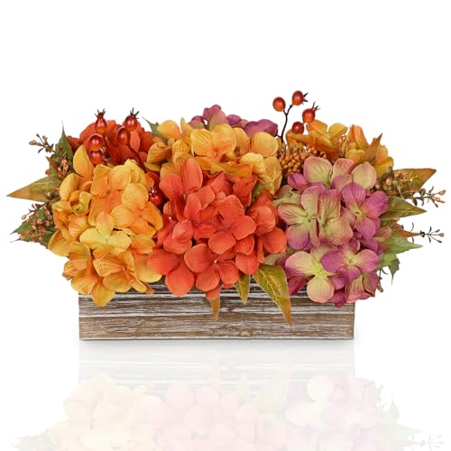 Arborus Künstliche Hortensie Herbst Kunstblumen wie Echt im Topf Künstliche Herbstblumen in Holzkiste Kunstpflanzen Herbst Deko Tisch Regal Fensterbank Deko Wohnzimmer Schlafzimmer Esszimmer Hotel von Arborus