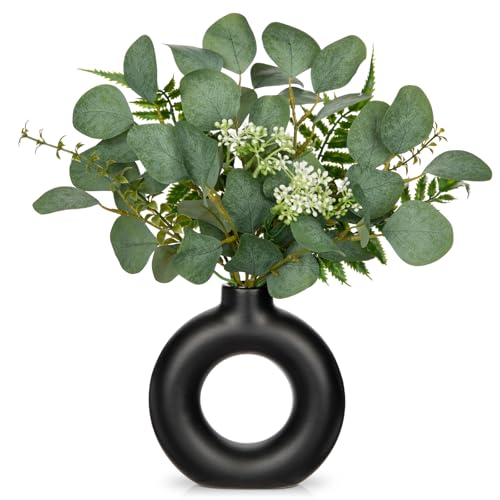Arborus Künstlicher Eukalyptus in Donut Vase 36 cm Kunstplfanzen in Keramik Vase Eukalyptus Deko Kunsteukalyptus Künstliche Pflanzen in Vase Tisch Regal Wohnzimmer Bad Schlafzimmer Büro Deko von Arborus
