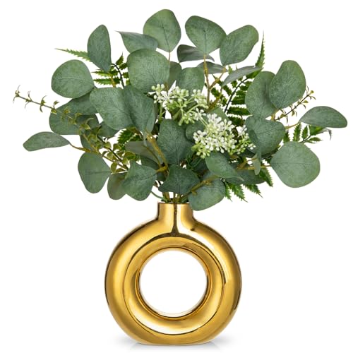 Arborus Kunstpflanzen in Vase Künstlicher Eukalyptus in Vase Eukalyptus Deko in Donut Vase Kunsteukalyptus Künstliche Eukalyptusten Grünpflanzen in Keramik Vase Kunstpflanzen Tisch Regal Deko von Arborus