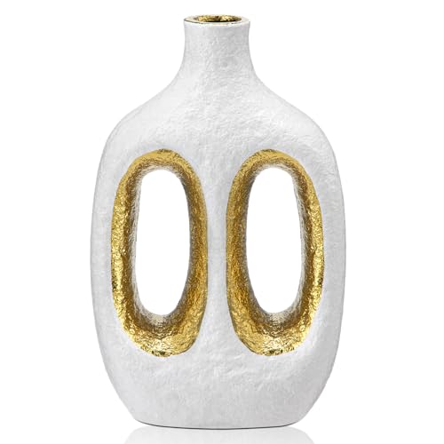 Arborus Vase Weiß Donut Vase Deko 24 cm Keramik Vase Modern Vase Matt Blumenvase Boho Vase für Ästhetik Deko Boho Deko Tisch Deko Regal Deko Wohnzimmer Deko Schlafzimmer Deko Küche Deko Hotel Deko von Arborus