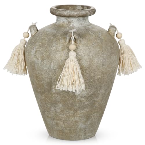 Arobrus Vintage Vase 24 cm Keramik Vase Graugrün Antikvase mit Quasten Rustikal Deko Tischvase für Trockenblumen Zweige Rustikal Landhuas Boho Deko Tisch Regal Balkon Fensterbank Boden Deko im Zimmer von Arborus