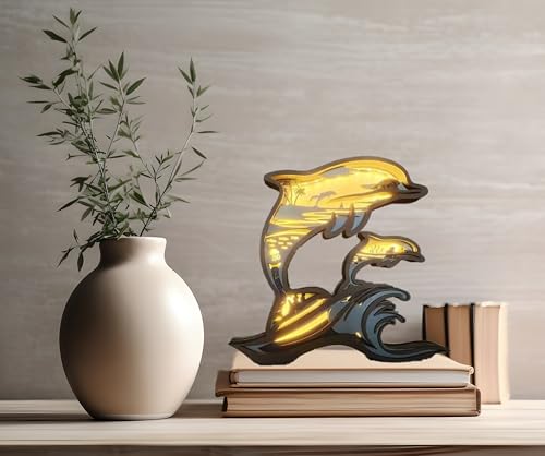 Dekorative LED-Nachtlicht aus Holz, 3D-Design, Delphin Tierform | Deko Nachttisch Bücherregal Schreibtisch Kinder Schlafzimmer | originelle Geschenkidee zu Hause Geburtstag Weihnachten (Delphine) von Arcadia
