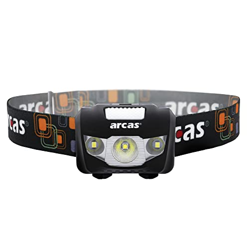 Arcas 30710010 - Kopflampe 5W mit einer LED und 2 Flutlicht LED, verstellbares Kopfband, 7 Leuchtfunktionen, batteriebetrieben, ideal zum Arbeiten, Wandern und Joggen von Arcas