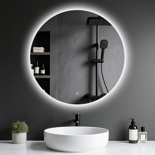 Archaluxe Badspiegel mit Beleuchtung - LED-Badezimmer-Spiegel-Round 60cm,Touch-Schalter,Dimmbar,3 Lichtfarben, Speicherfunktion, Badezimmerspiegel mit HD Sicherheitsgla - Explosionsschutz Wandspiegel von Archaluxe