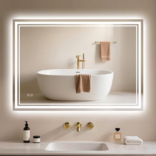Badspiegel mit Beleuchtung 80x60cm - Badezimmer-Spiegel-LED - Badezimmerspiegel mit Beschlagfrei Touch-Schalter Dimmbar 3 Lichtfarben Entfoggen Wandspiegel IP44 Led-Spiegel-Bad Horizontal/Vertikal von Archaluxe