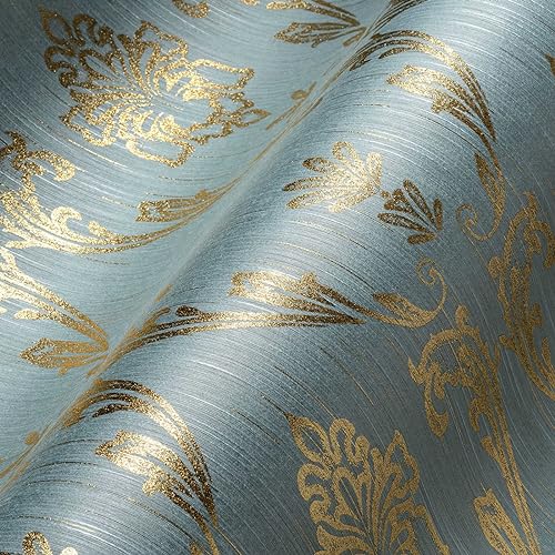 Architects Paper Textiltapete Metallic Silk Tapete mit Ornamenten barock 10,05 m x 0,53 m blau grün metallic Made in Germany 306586 30658-6 von Architects Paper