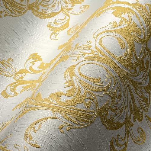 Architects Paper Textiltapete Tessuto 2 Tapete mit Ornamenten barock 10,05 m x 0,53 m gelb weiß Made in Germany 961965 96196-5 von Architects Paper