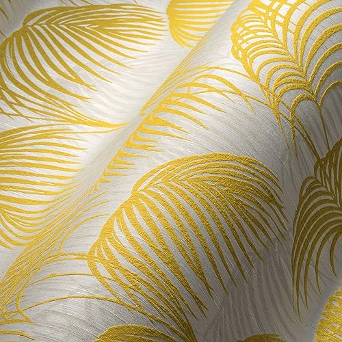 Architects Paper Textiltapete Tessuto 2 Tapete mit Palmenprint 10,05 m x 0,53 m gelb metallic weiß Made in Germany 961982 96198-2 von Architects Paper