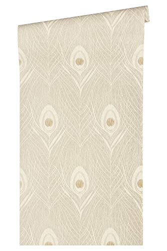 Architects Paper Vliestapete Absolutely Chic Tapete mit Pfauen Feder 10,05 m x 0,53 m beige grau metallic Made in Germany 369717 36971-7 von Architects Paper
