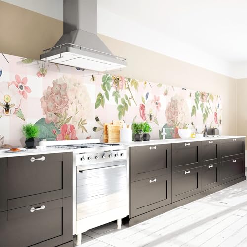 Arcondo Küchenrückwand Spritzschutz Selbstklebend mit Motiv Insekten und Blumen auf Karomuster Folie Premium Glanz 200 x 70 cm von Arcondo