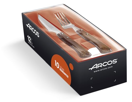 Arcos 377700 Table Messer - Steakmesser Set 12 Stück (6 Messer + 6 Gabel) - Edelstahl - HandGriff Packholz Farbe Braun , centimeters von Arcos