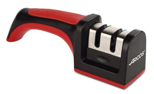 ARCOS Professioneller Schärfer mit ergonomischem Handgriff für manuelles Schärfen und Polieren von Messern. Keramik- und Kohlenstoffrollen. Farbe Rot und Schwarz von Arcos