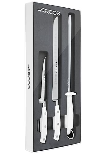 Arcos 807511 Riviera Blanc - Schinkenmesser Set 3 Stück - Geschmiedetem Edelstahl - HandGriff POM - Farbe Weiß (GESCHENK SCHINKEN ABDECKUNG) von Arcos