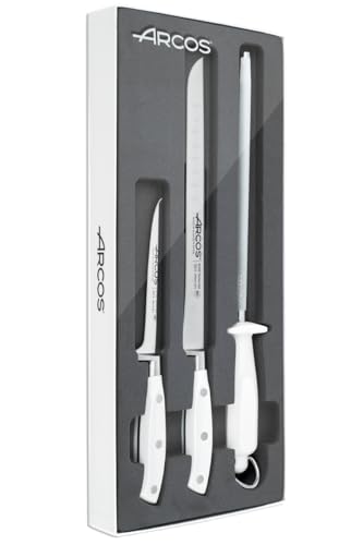 Arcos 807511 Riviera Blanc - Schinkenmesser Set 3 Stück - Geschmiedetem Edelstahl - HandGriff POM - Farbe Weiß (GESCHENK SCHINKEN ABDECKUNG) von Arcos