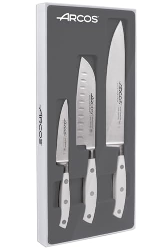 Arcos 807610 Serie Riviera Blanc - Küchenmesser eingestellt 3 Stück (1 Schälmesser + 1 Santoku + 1 Kochmesser) - Klinge aus Nitrum geschmiedetem Edelstahl - HandGriff Polyoxymethylen (POM) Farbe Weiße von Arcos
