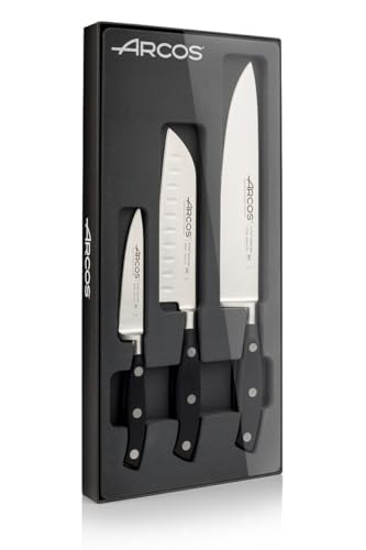 Arcos Riviera, Küchenmesser-Set, Regler + 1 Santoku + 1 Chefmesser, Edelstahl geschmiedet Nitrum, POM-Griff, Schwarz von Arcos