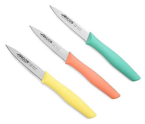 Arcos Messer Set - 3-teiliges Schälmesser-Set mit Edelstahlklingen und ergonomischem Griff aus Polypropylen. Farbenfrohe Küchenmesser für Obst- und Gemüseschälen. Nova-Serie in Orange, Gelb und Blau. von Arcos