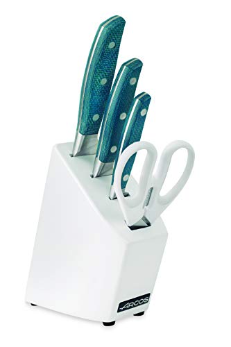 Arcos 194000 Brooklyn - Küchenmesser-Set 4 Stück (3 Messer + 1 schere) - Klinge aus NITRUM geschmiedetem Edelstahl - HandGriff Micarta - Holzblocks Farbe Weiß, Blau, Estandar von Arcos