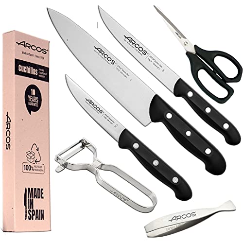 Arcos Küchenmesser Set | Professionelles Messer | 6-teilig | Chef 215 mm + Küche 150 mm, Gemüse 100 mm + Küchenschere + Obst- und Gemüseschäler + Fischzange von Arcos