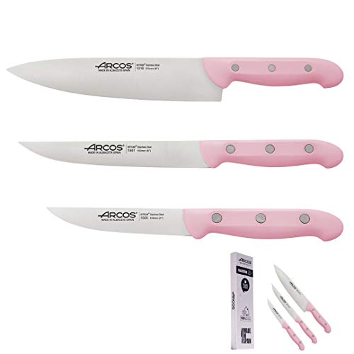 Arcos Küchenmesser Set Rosa | 3 Stück | Chef Messer | Gemüsemesser | Schälmesser | Küchenmesser Set Rosa | Küchenmesser Rosa | Limited Edition | Solidaria von Arcos