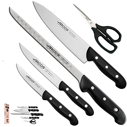 Arcos Küchenmesser-Set | Ringe Maitre Messer | 5-teilig | Chef (215 mm) + Küchenmesser (150 mm) + Gemüsemesser (100 mm) + Schinkenmesser (240 mm) + Küchenschere von Arcos
