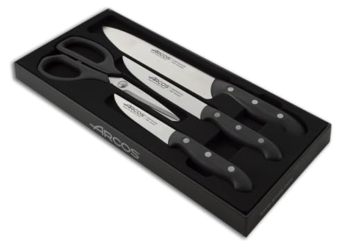 ARCOS Küchenmesser-Set 4-teilig - 3 Chefmesser und 1 Schere aus Edelstahl mit ergonomischem Griff aus Polyoxymethylen, Ideal für Fleisch, Fisch und Gemüse schneiden - Schwarz, Serie Maitre von Arcos