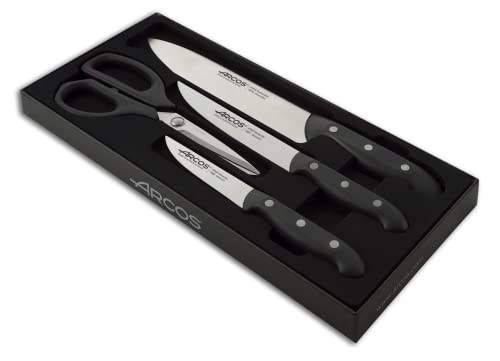Arcos Serie Maitre - Küchenmesser-Set 4 Stück (3 Messer + 1 schere) - Klinge Nitrum Edelstahl - HandGriff Polypropylen, Schwarz, 37.084 x 3.048 x 16.764 cm von Arcos