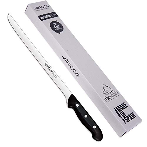 Arcos Professioneller Schinkenhalter | Schinkenmesser aus Edelstahl Nitrum | schwarzer Griff | Iberico Schinkenmesser | Serie Maitre| Flexible Klinge und glatte Schneide | 275 mm | Edelstahl Nitrum Arcos Professioneller Schinkenhalter | Schinkenmesser aus Edelstahl Nitrum | schwarzer Griff | Iberico Schinkenmesser | Serie Maitre| Flexible Klinge und glatte Schneide | 275 mm | Edelstahl Nitrum von Arcos